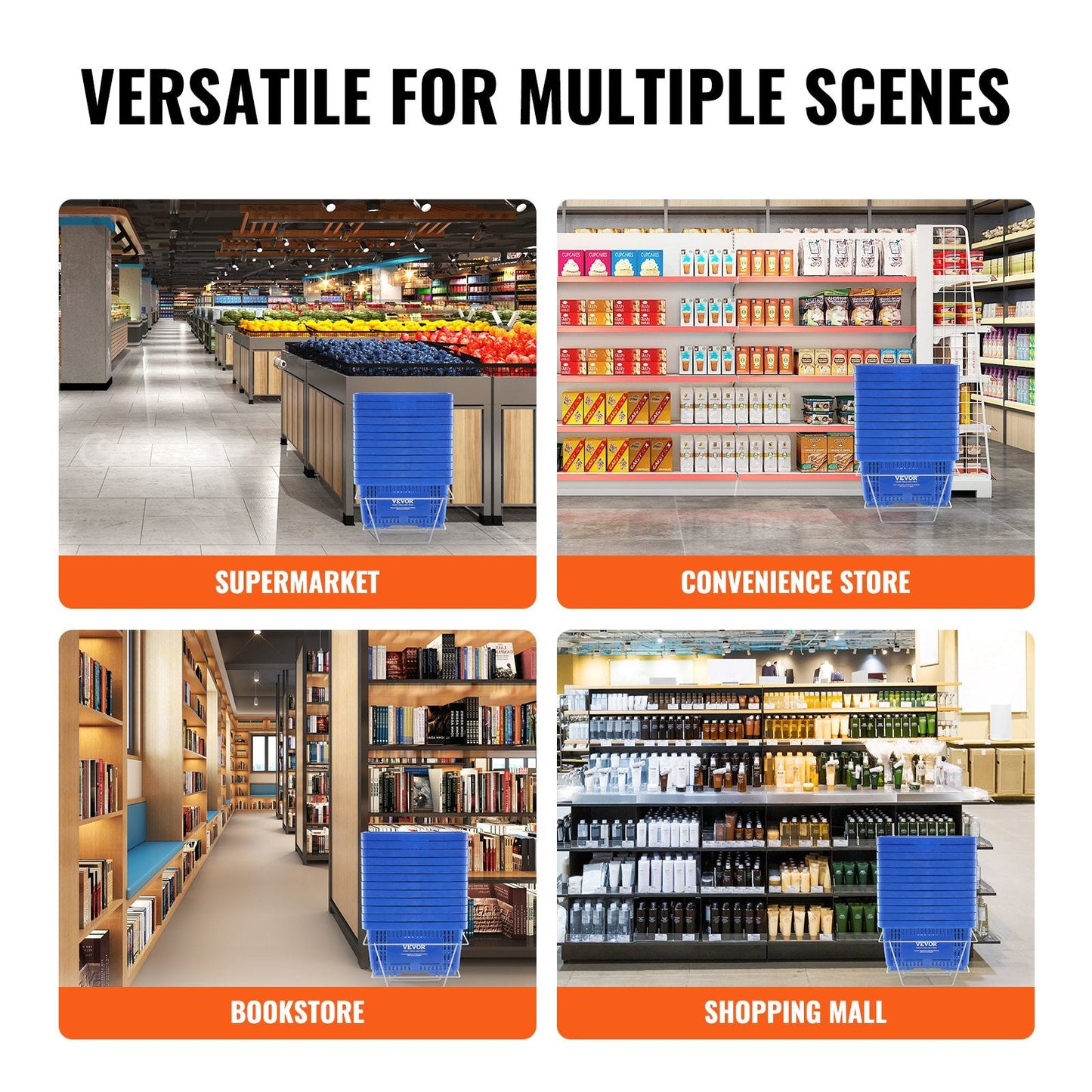 Set of 12 Durable 24L Plastic Shopping Baskets with Stand for Retail & Grocery