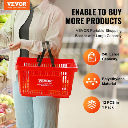 12-Piece 24L Durable Plastic Shopping Basket Set with Stand - Red