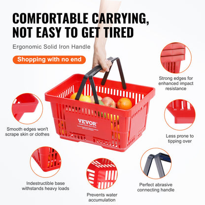 VEVOR Shopping Basket, Set of 12, 24L Durable Plastic Grocery Basket with Handle