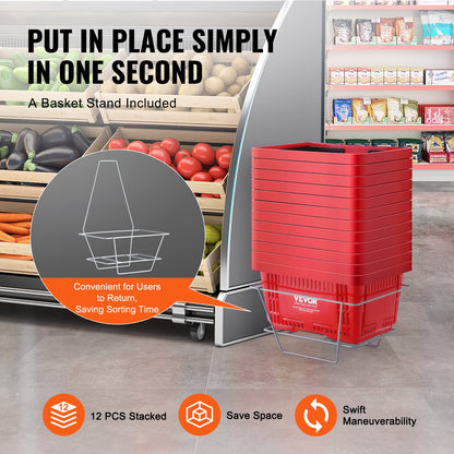 VEVOR Shopping Basket, Set of 12, 24L Durable Plastic Grocery Basket with Handle