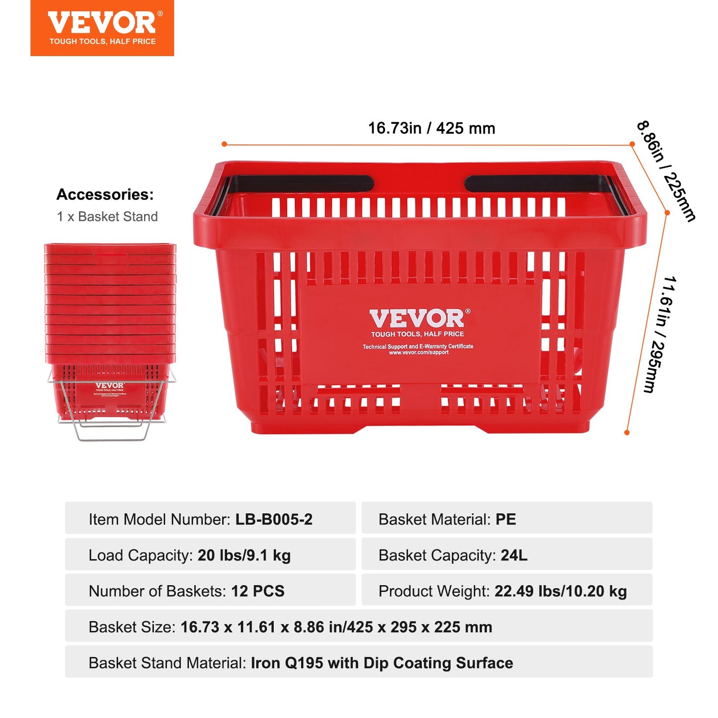 VEVOR Shopping Basket, Set of 12, 24L Durable Plastic Grocery Basket with Handle
