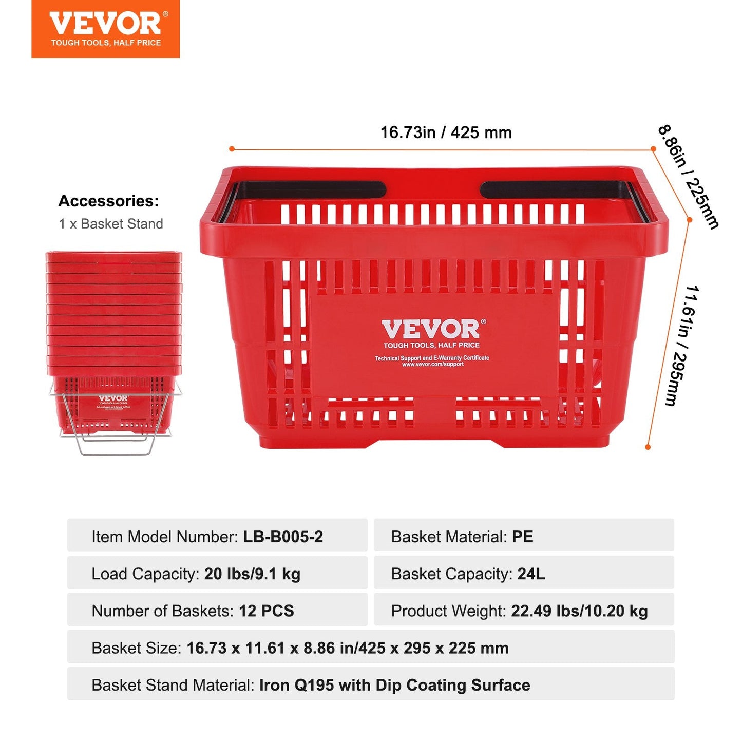 12-Piece 24L Durable Plastic Shopping Basket Set with Stand - Red