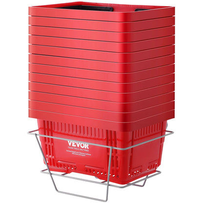 12-Piece 24L Durable Plastic Shopping Basket Set with Stand - Red