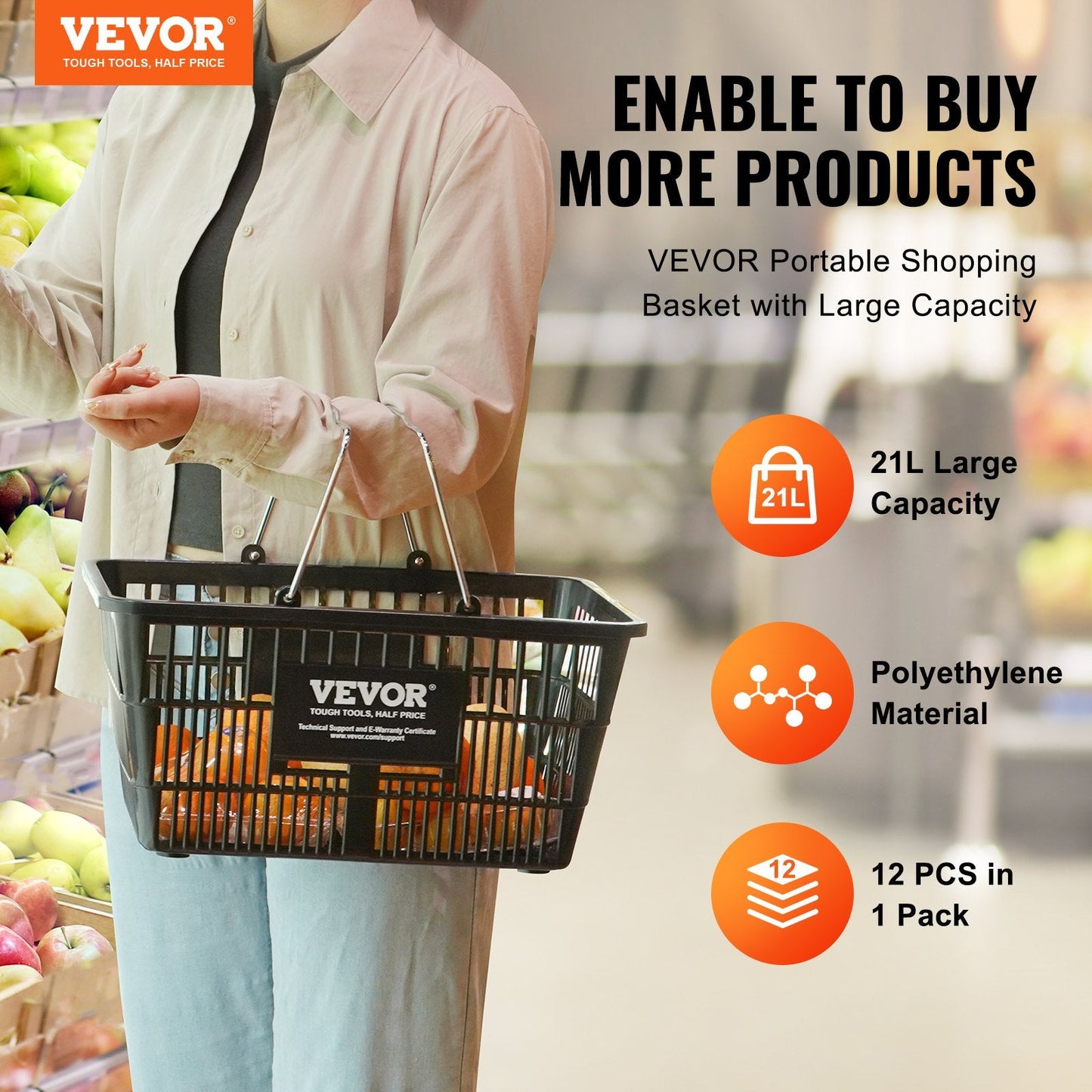 12-Pack 21L Grocery Baskets with Stand & Iron Handles, Black, 9.1 kg Load Capacity