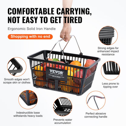 12-Pack 21L Grocery Baskets with Stand & Iron Handles, Black, 9.1 kg Load Capacity