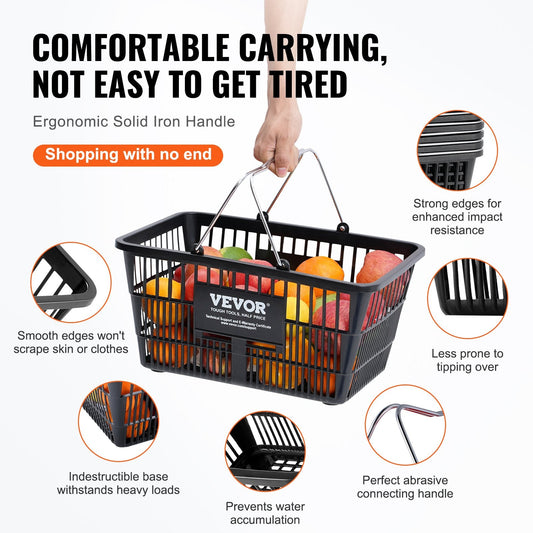 12-Pack 21L Grocery Baskets with Stand & Iron Handles, Black, 9.1 kg Load Capacity