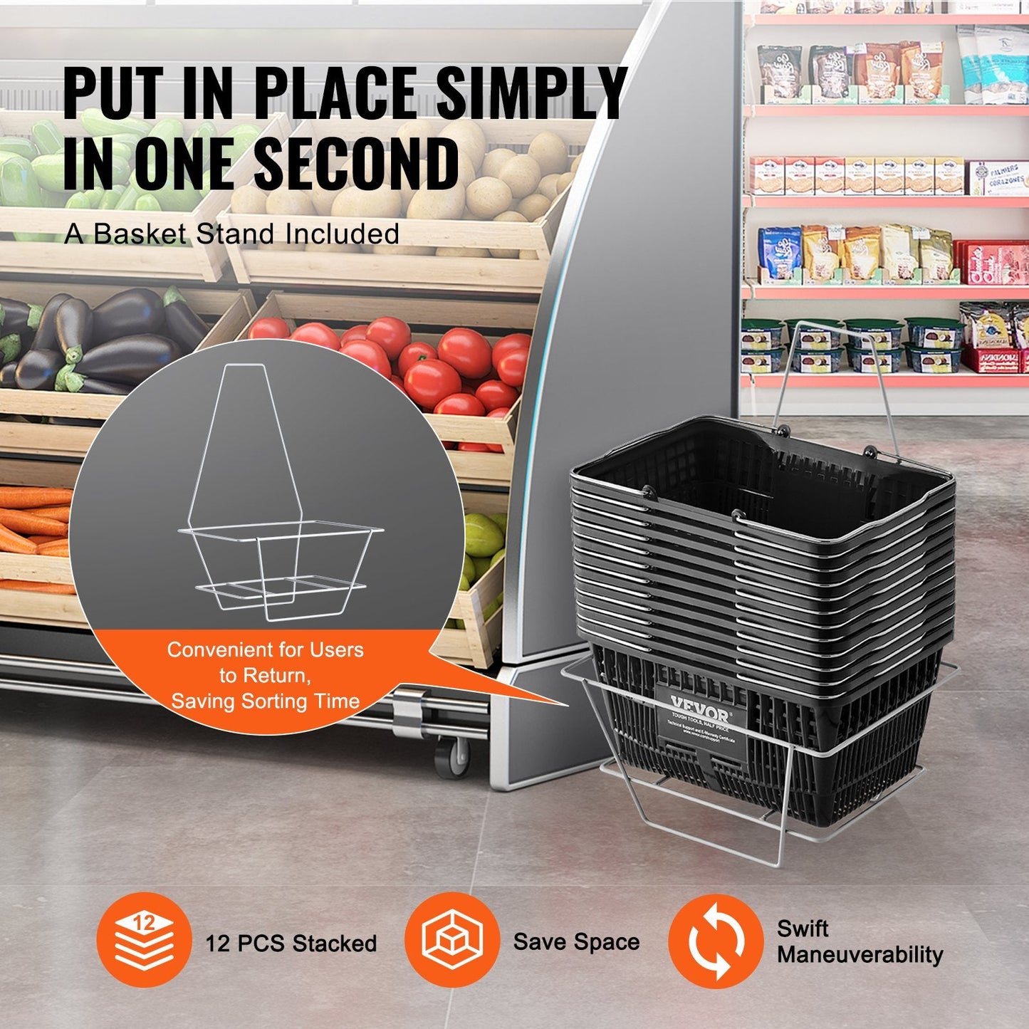 12-Pack 21L Grocery Baskets with Stand & Iron Handles, Black, 9.1 kg Load Capacity