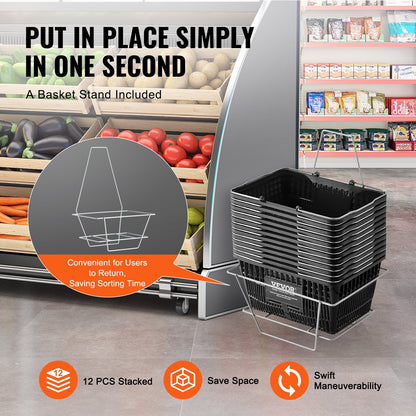 12-Pack 21L Grocery Baskets with Stand & Iron Handles, Black, 9.1 kg Load Capacity