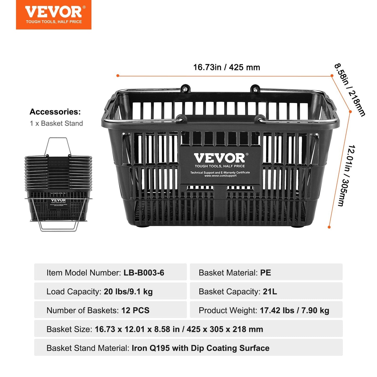12-Pack 21L Grocery Baskets with Stand & Iron Handles, Black, 9.1 kg Load Capacity