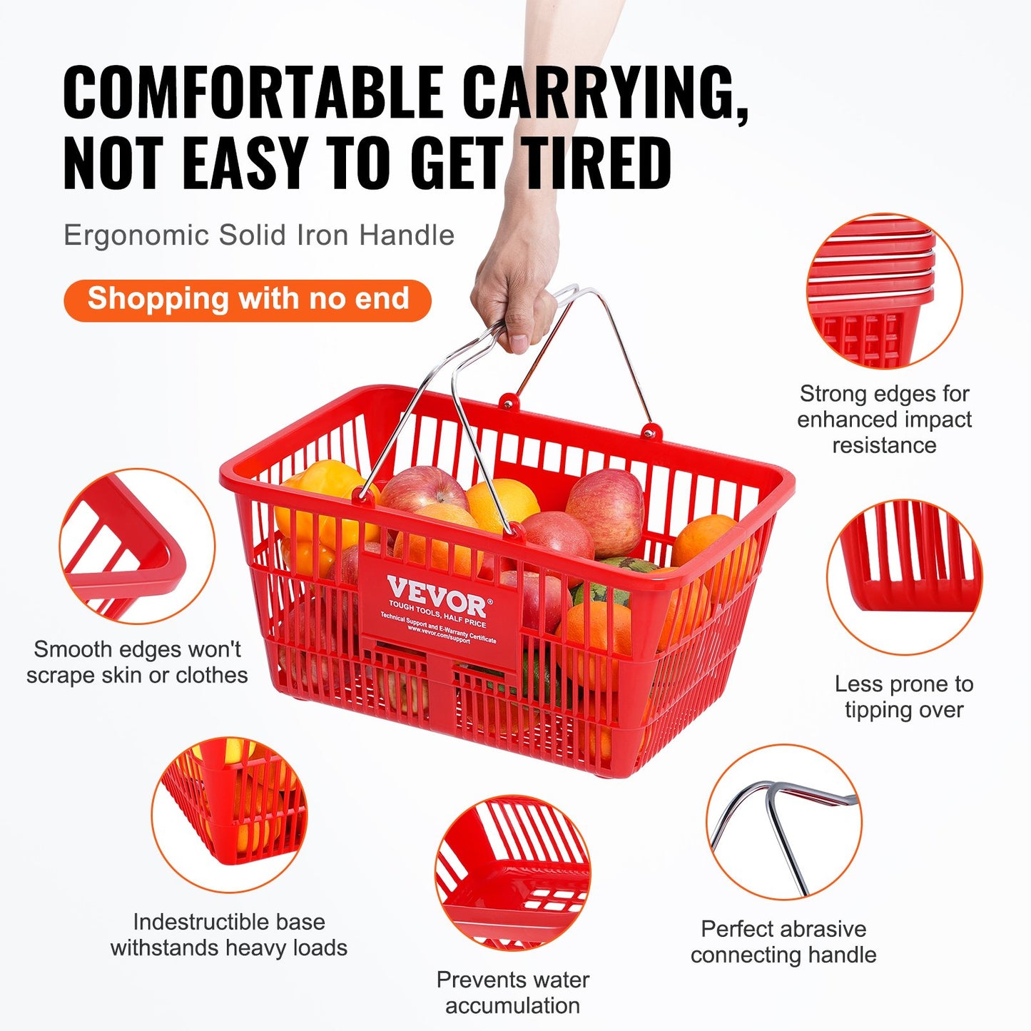 VEVOR Shopping Basket, Set of 12, 21L Durable Plastic Grocery Basket with Metal