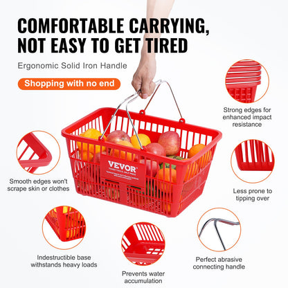 VEVOR Shopping Basket, Set of 12, 21L Durable Plastic Grocery Basket with Metal