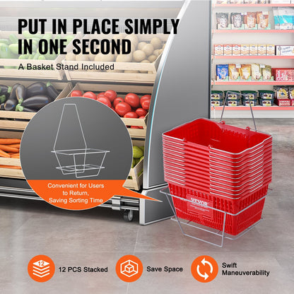 Set of 12 Durable 21L Plastic Grocery Baskets with Metal Handles & Stand, Red