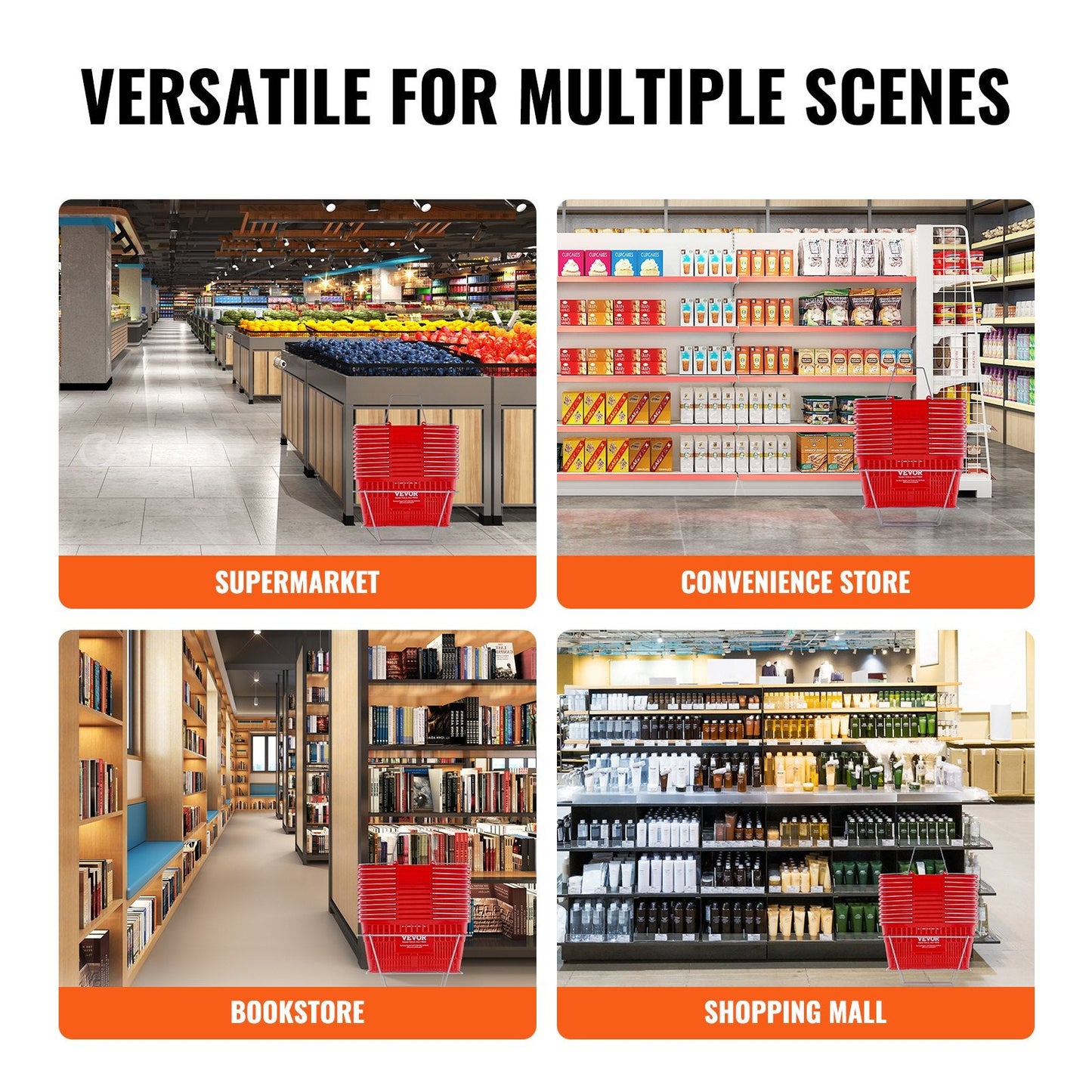 Set of 12 Durable 21L Plastic Grocery Baskets with Metal Handles & Stand, Red