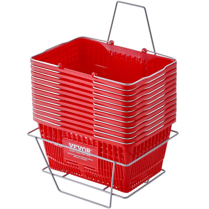 Set of 12 Durable 21L Plastic Grocery Baskets with Metal Handles & Stand, Red