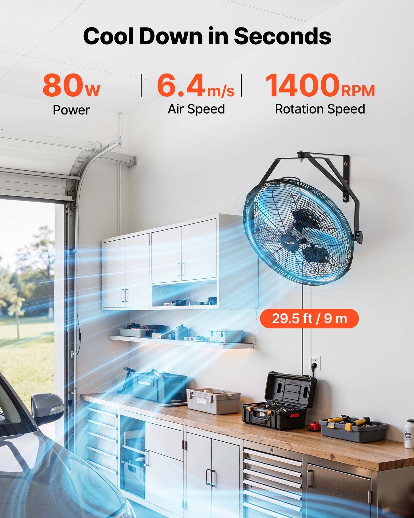 Wall Mount Fan, 450 mm Wall Mounted Hanging Fan with IP44-rated Protection, 3-Speed, Long Airflow Distance, Adjustable Rotation Angle, Powerful for Industry, Commercial, Garage, Workshop, Gym
