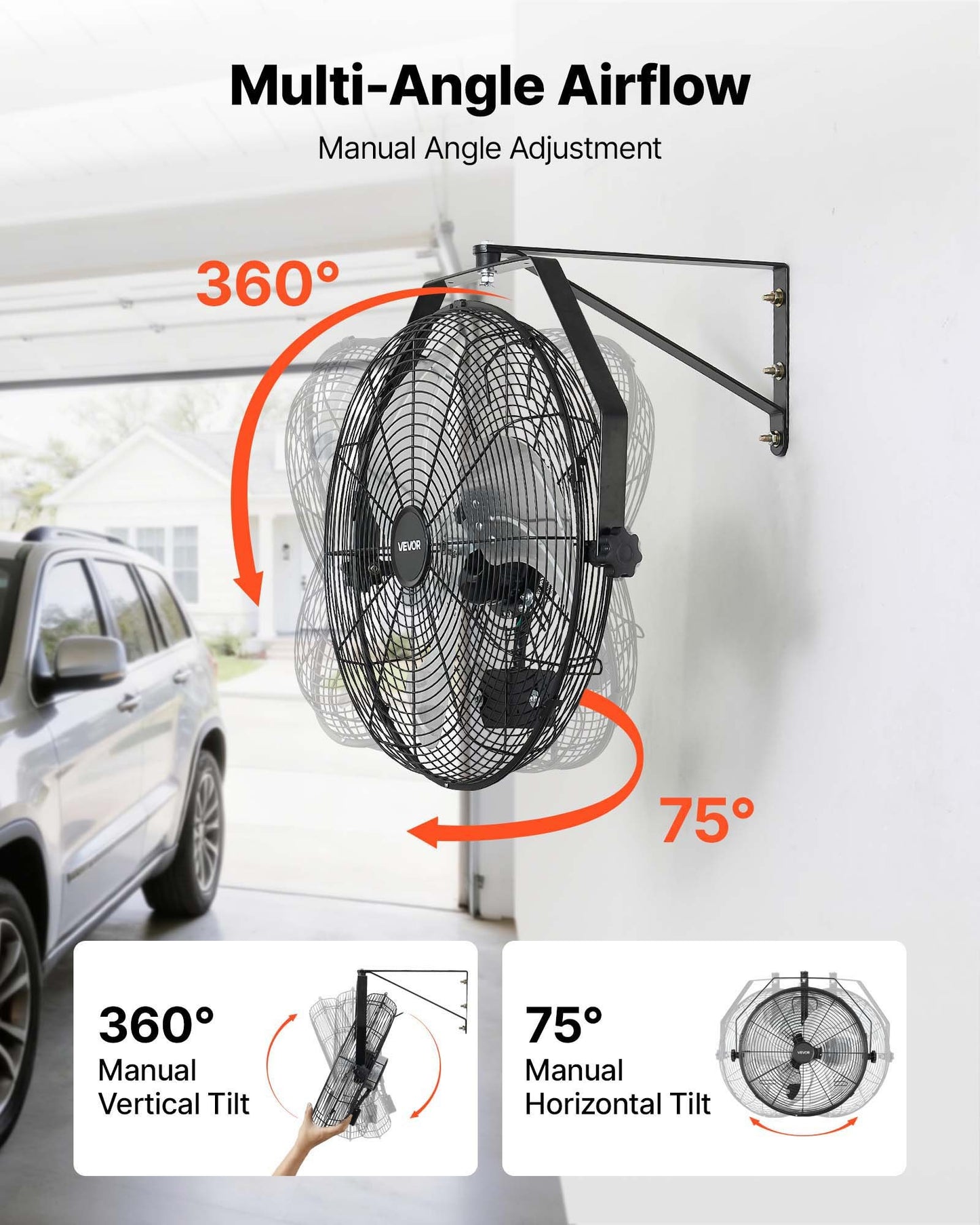 Wall Mount Fan, 450 mm Wall Mounted Hanging Fan with IP44-rated Protection, 3-Speed, Long Airflow Distance, Adjustable Rotation Angle, Powerful for Industry, Commercial, Garage, Workshop, Gym