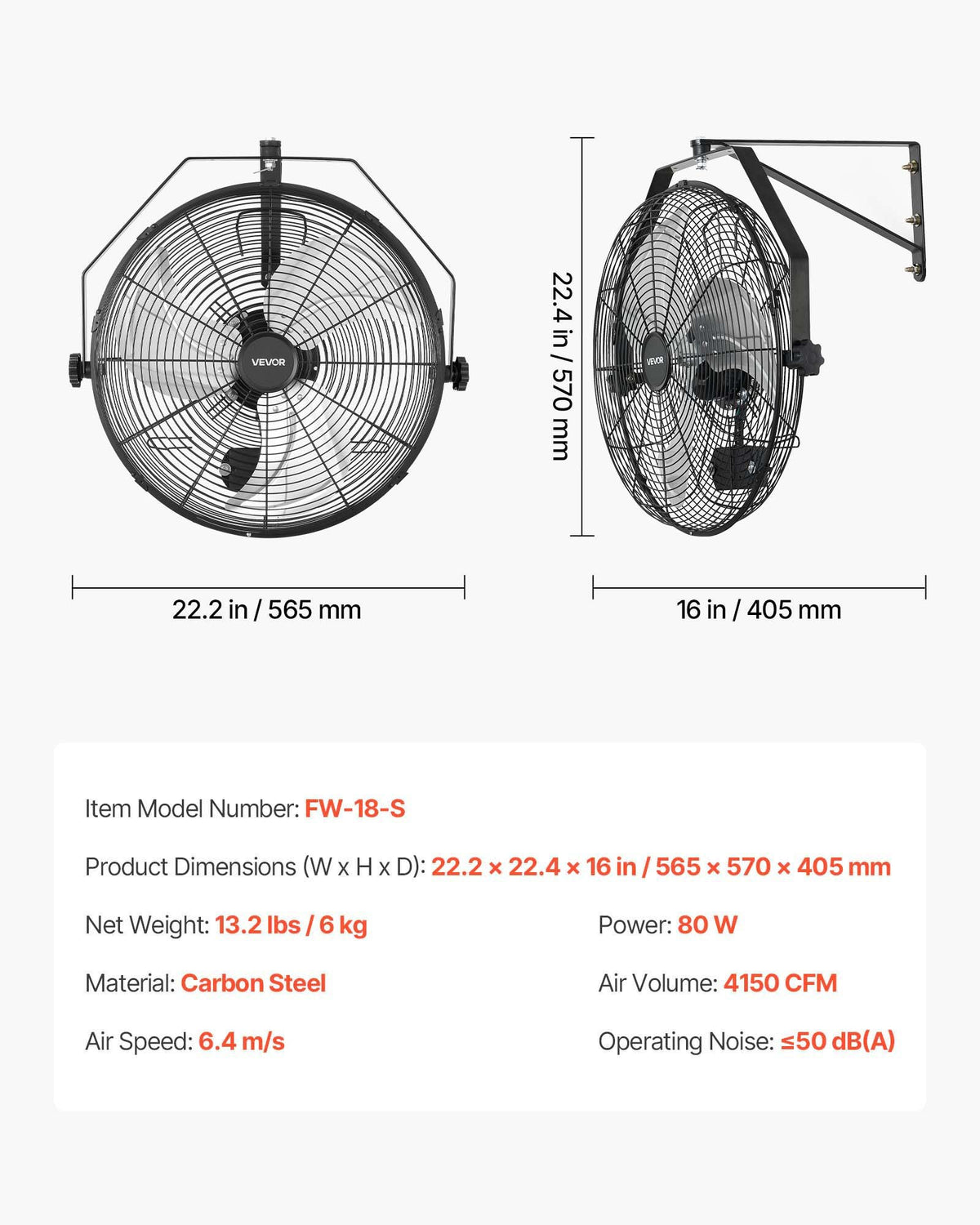 Wall Mount Fan, 450 mm Wall Mounted Hanging Fan with IP44-rated Protection, 3-Speed, Long Airflow Distance, Adjustable Rotation Angle, Powerful for Industry, Commercial, Garage, Workshop, Gym