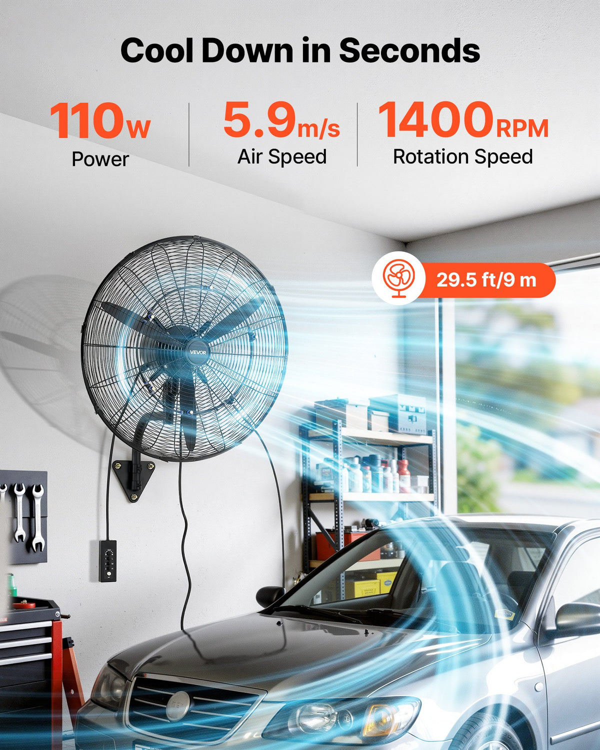 Wall Mount Fan, 610 mm Wall Mounted Hanging Fan with Oscillating & Mist, IP44-rated, 3-Speed, Powerful Air Reach, Mechanical Control, Long Airflow for Industry, Commercial, Garage, Workshop