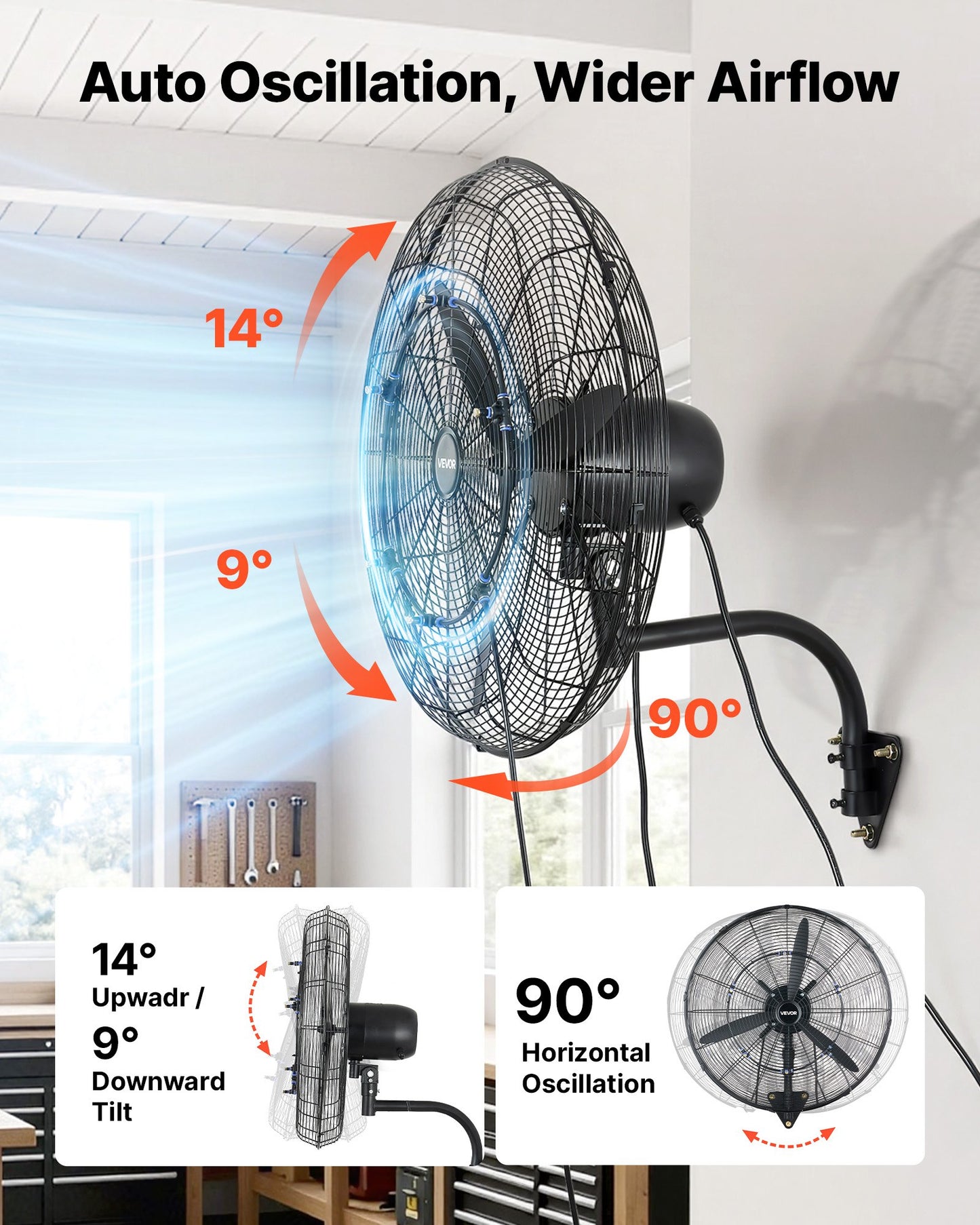 Wall Mount Fan, 610 mm Wall Mounted Hanging Fan with Oscillating & Mist, IP44-rated, 3-Speed, Powerful Air Reach, Mechanical Control, Long Airflow for Industry, Commercial, Garage, Workshop