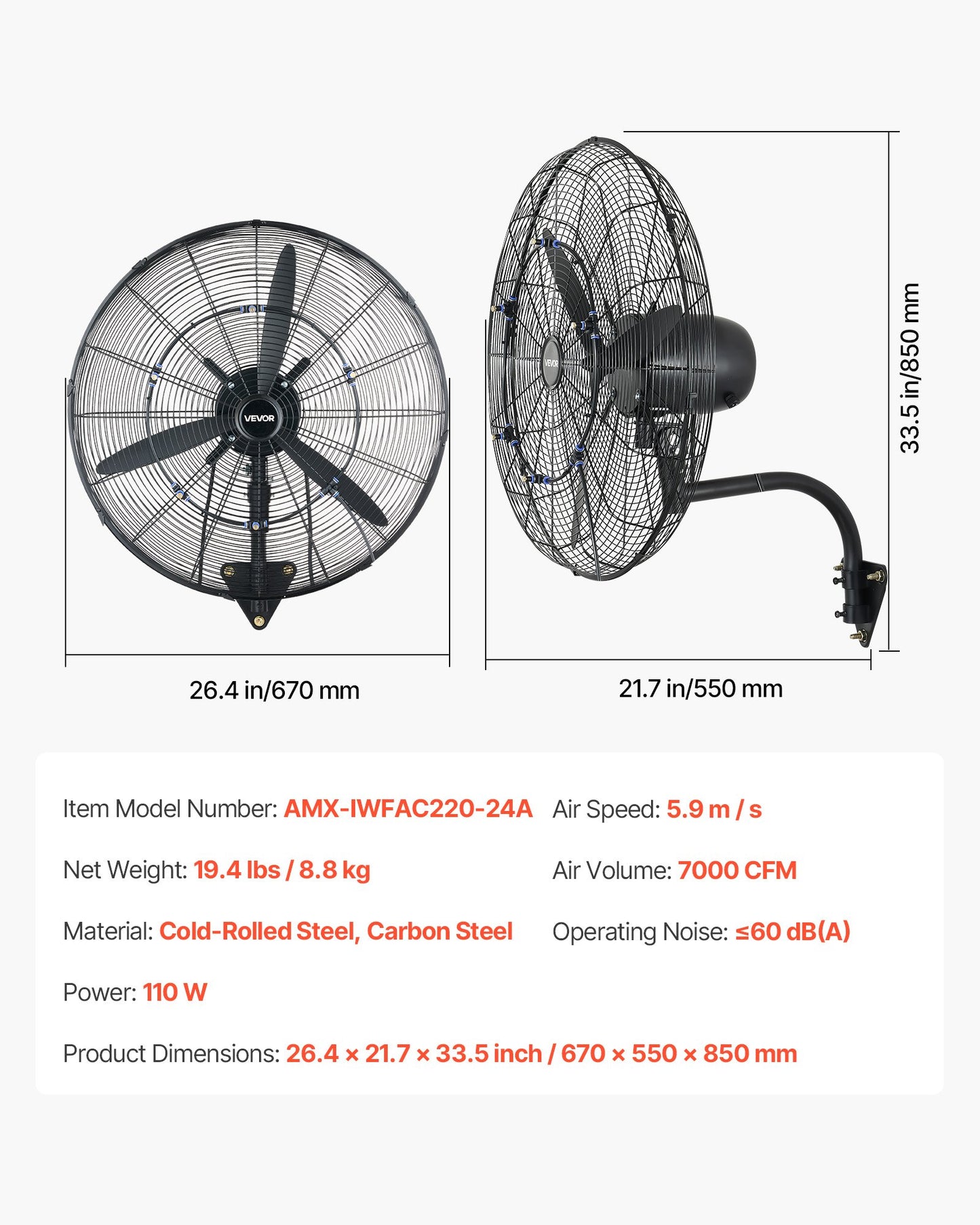 Wall Mount Fan, 610 mm Wall Mounted Hanging Fan with Oscillating & Mist, IP44-rated, 3-Speed, Powerful Air Reach, Mechanical Control, Long Airflow for Industry, Commercial, Garage, Workshop