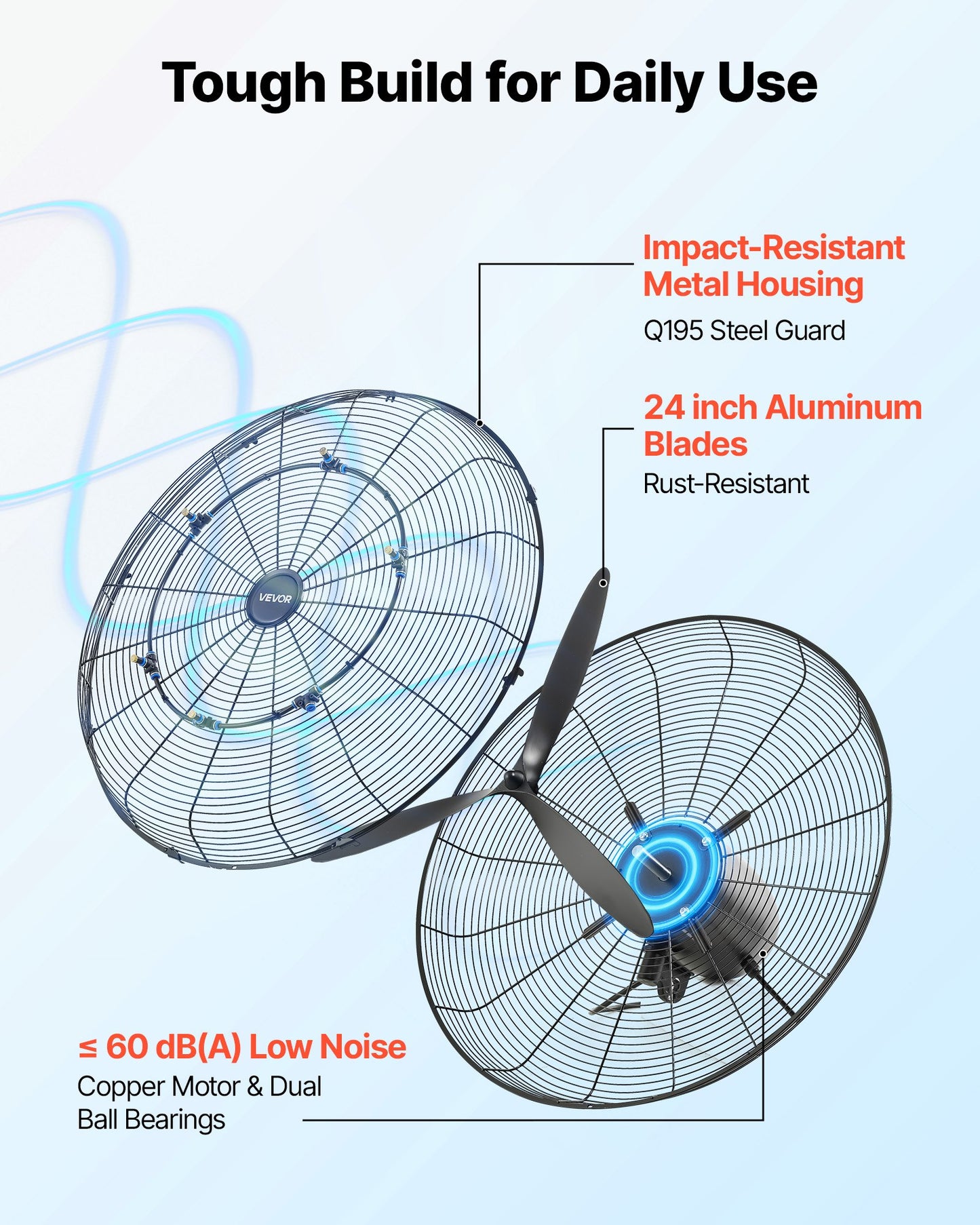 Wall Mount Fan, 610 mm Wall Mounted Hanging Fan with Oscillating & Mist, IP44-rated, 3-Speed, Powerful Air Reach, Mechanical Control, Long Airflow for Industry, Commercial, Garage, Workshop