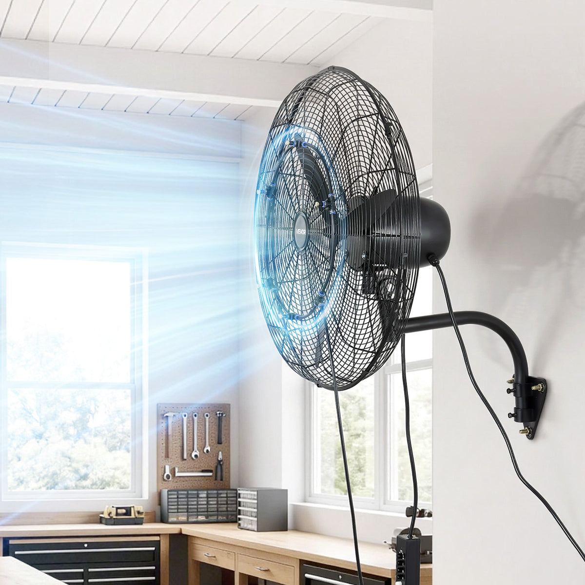 Wall Mount Fan, 610 mm Wall Mounted Hanging Fan with Oscillating & Mist, IP44-rated, 3-Speed, Powerful Air Reach, Mechanical Control, Long Airflow for Industry, Commercial, Garage, Workshop