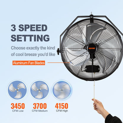 Industrial Wall Mount Fan, Waterproof, 3-Speed, 44.6 cm Blade, 6 kg, Powerful Airflow