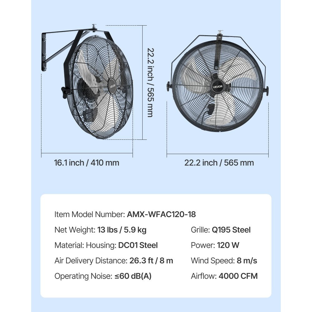 565mm Industrial Wall Mount Fan 3 Speed 4000 CFM Garage Warehouse Fan
