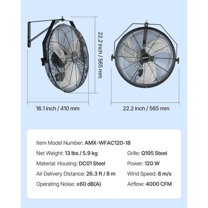 565mm Industrial Wall Mount Fan 3 Speed 4000 CFM Garage Warehouse Fan