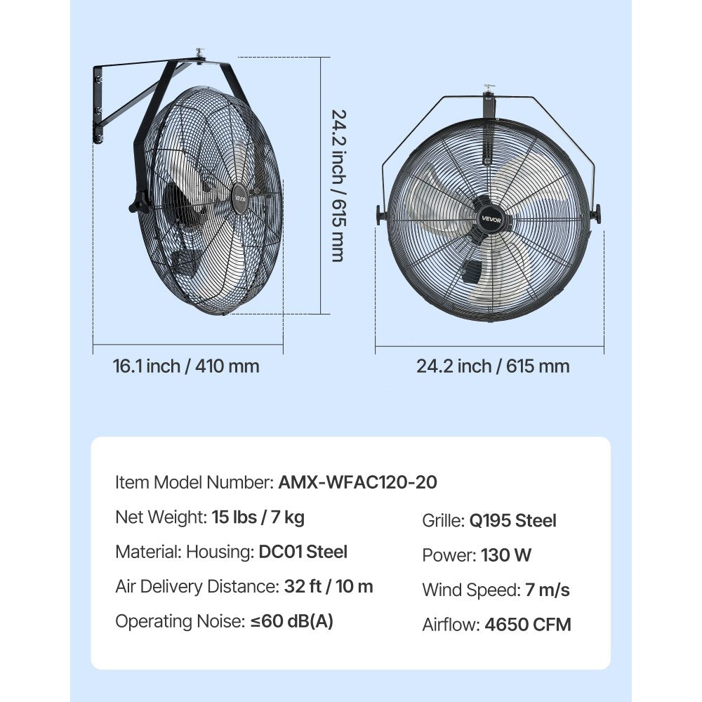 615mm Industrial Wall Mount Fan 3 Speed 4650 CFM for Garage Greenhouse