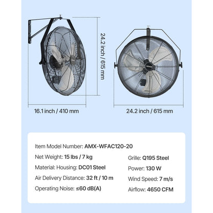 615mm Industrial Wall Mount Fan 3 Speed 4650 CFM for Garage Greenhouse