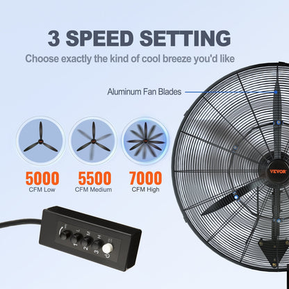 Wall-Mount Waterproof Misting Fan, 62 cm, 3-Speed Oscillating Metal Design