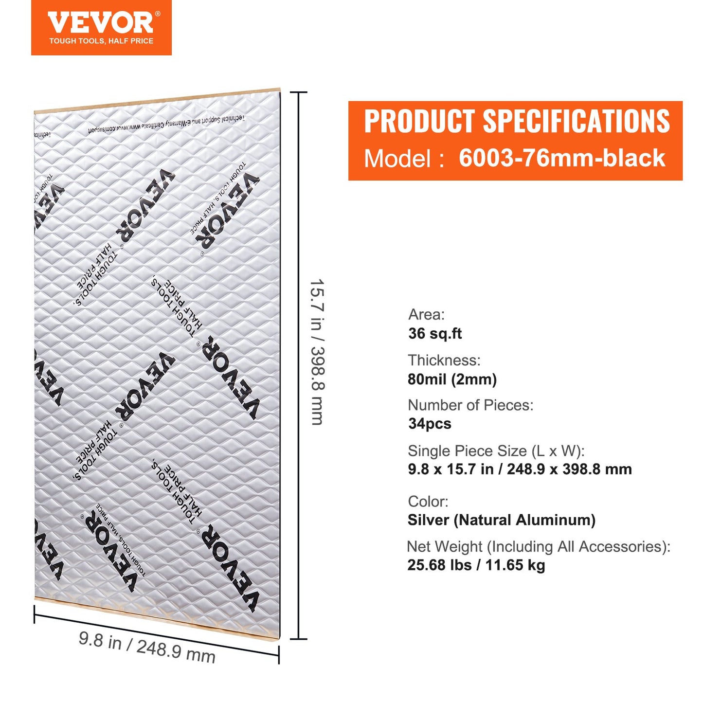 VEVOR Car Sound Deadening Mat, 80 mil 3.3sq.m Car Sound Dampening Material, Butyl