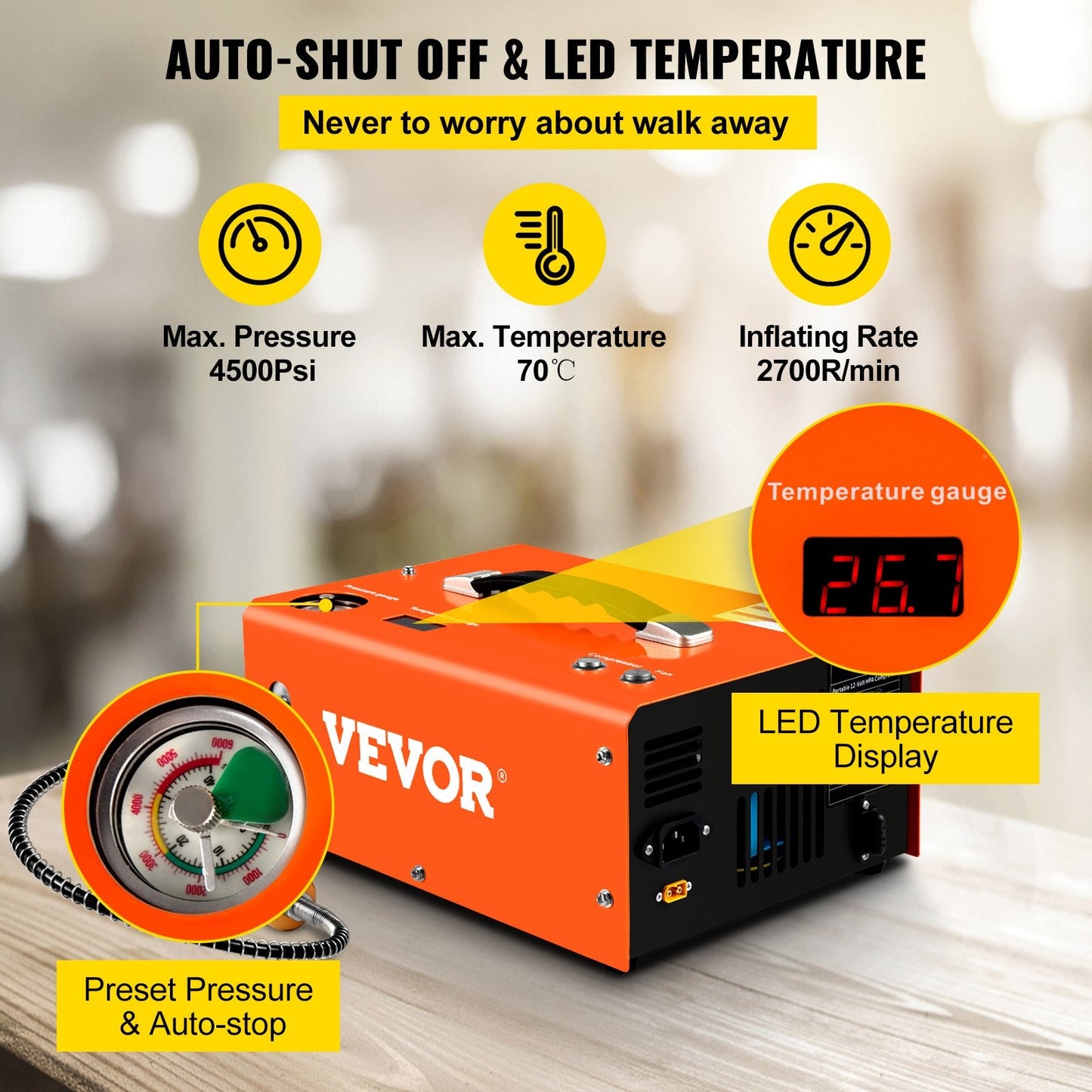 Portable PCP Air Compressor with Auto-Stop, 4500Psi, Dual Voltage 12V/220V