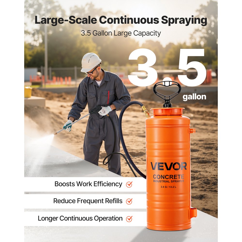 Industrial Concrete Sprayer, 14L Stainless Steel Sprayer, Heavy Duty Tri-Poxy Pump Sprayers, 52cm Wand with Ergonomic Gun Handle, 1.2m & 3m Hoses, 2 Brass Nozzles for Construction, Garden