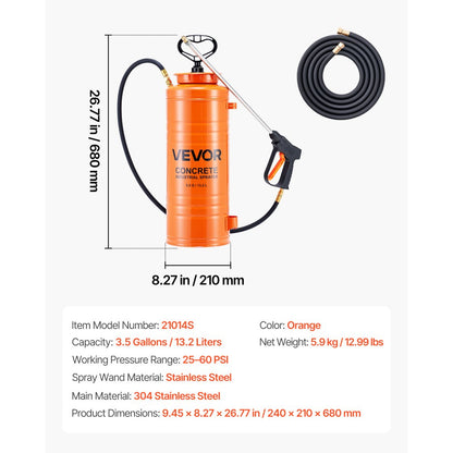 Industrial Concrete Sprayer, 14L Stainless Steel Sprayer, Heavy Duty Tri-Poxy Pump Sprayers, 52cm Wand with Ergonomic Gun Handle, 1.2m & 3m Hoses, 2 Brass Nozzles for Construction, Garden