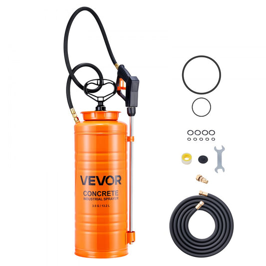 Industrial Concrete Sprayer, 14L Stainless Steel Sprayer, Heavy Duty Tri-Poxy Pump Sprayers, 52cm Wand with Ergonomic Gun Handle, 1.2m & 3m Hoses, 2 Brass Nozzles for Construction, Garden