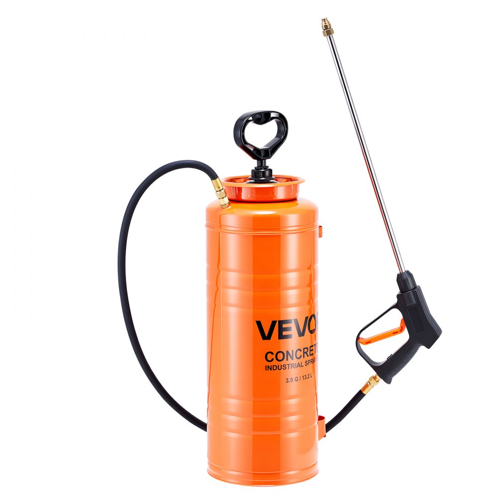 Industrial Concrete Sprayer, 14L Stainless Steel Sprayer, Heavy Duty Tri-Poxy Pump Sprayers, 52cm Wand with Ergonomic Gun Handle, 1.2m & 3m Hoses, 2 Brass Nozzles for Construction, Garden