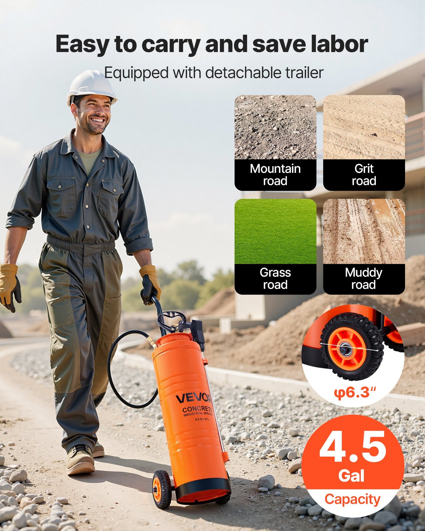 Industrial Sprayer, 17L Large Capacity, Stainless Steel Concrete Sprayer with Ergonomic Handle & Removable Cart, 1.2 m & 3 m Hose, Concrete Sealer Sprayers for Form Oils Construction