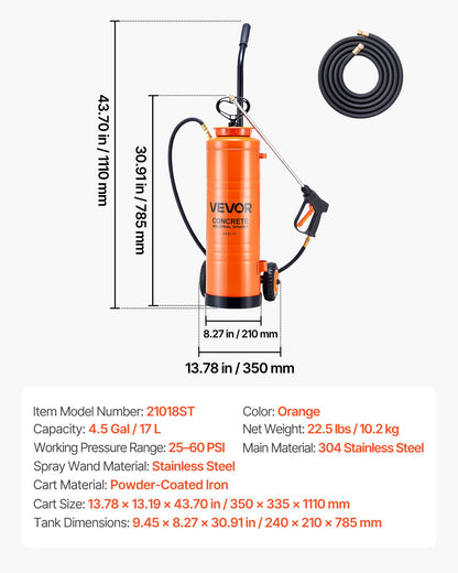 Industrial Sprayer, 17L Large Capacity, Stainless Steel Concrete Sprayer with Ergonomic Handle & Removable Cart, 1.2 m & 3 m Hose, Concrete Sealer Sprayers for Form Oils Construction