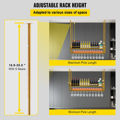 Gold Ceiling-Mounted Wine Rack with Adjustable Height and Glass Holder, 119x30cm