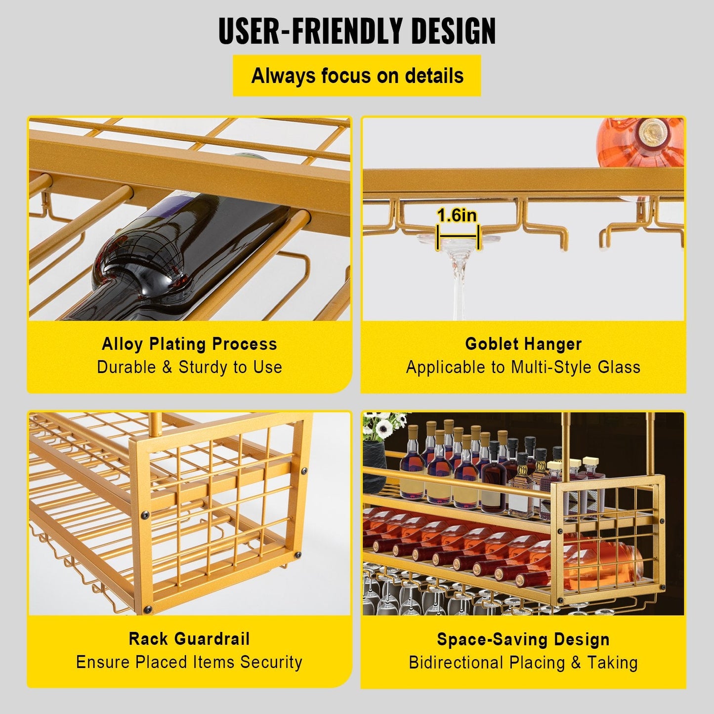 Gold Ceiling-Mounted Wine Rack with Adjustable Height and Glass Holder, 119x30cm