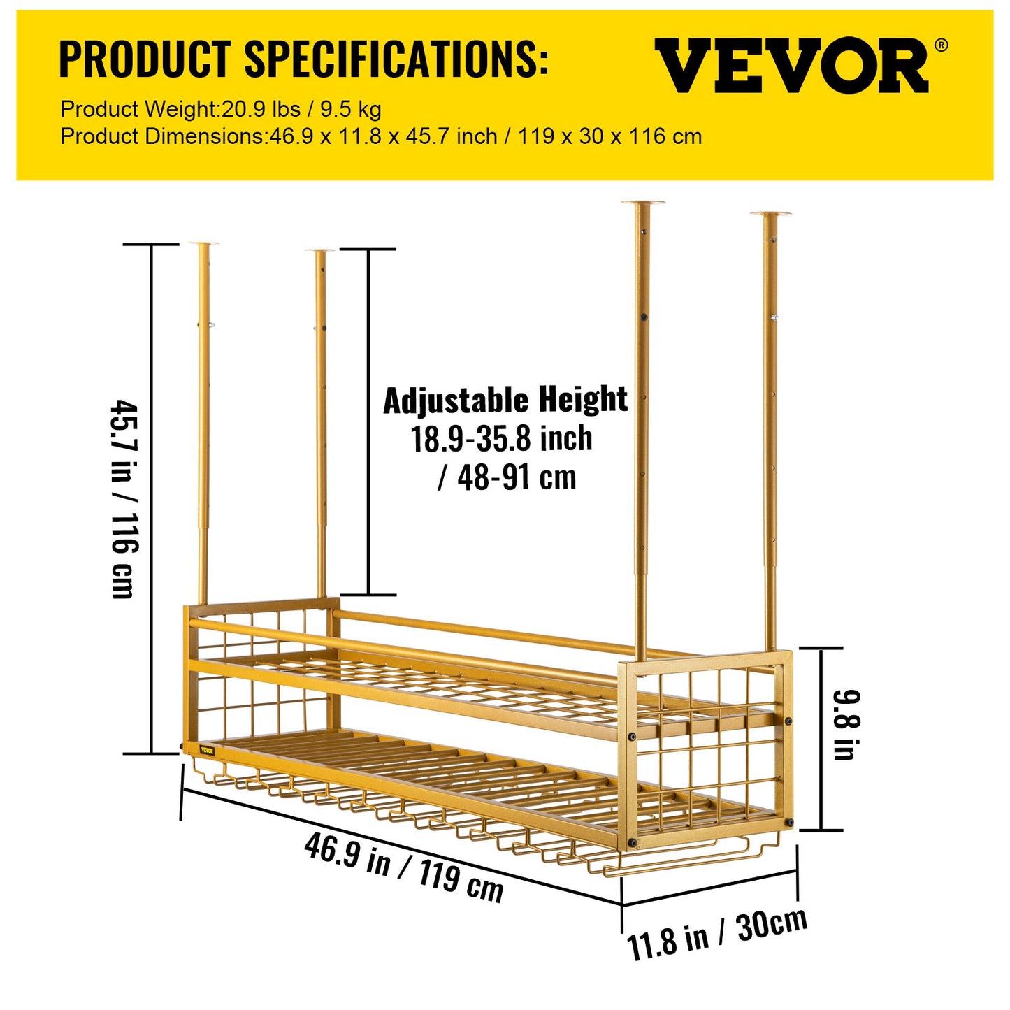 VEVOR Ceiling-Mounted Bar Wine Rack Wine Glass Hanging Rack 46.9x11.8in Gold