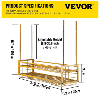 Gold Ceiling-Mounted Wine Rack with Adjustable Height and Glass Holder, 119x30cm