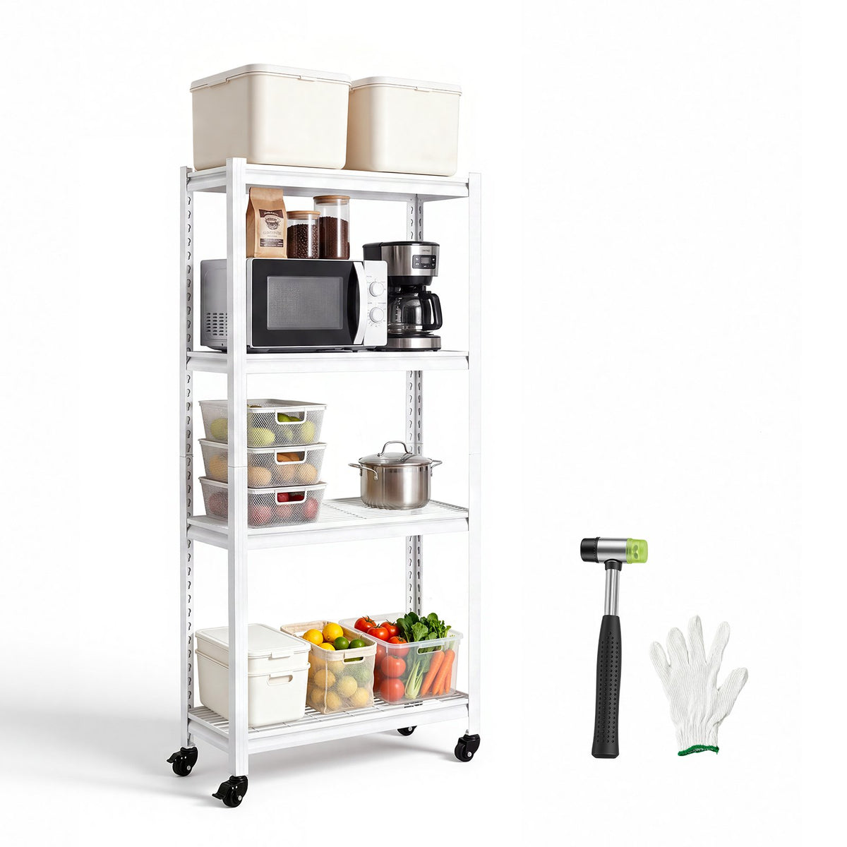 Storage Shelves, 4-Tier Garage Shelving Wheels 76.2 x 31.3 x 160 cm, for Garage, Basement, Warehouse, Kitchen, 362.9 kg Static Load, Heavy-Duty Metal Unit, Adjustable Racks, with Gloves, White