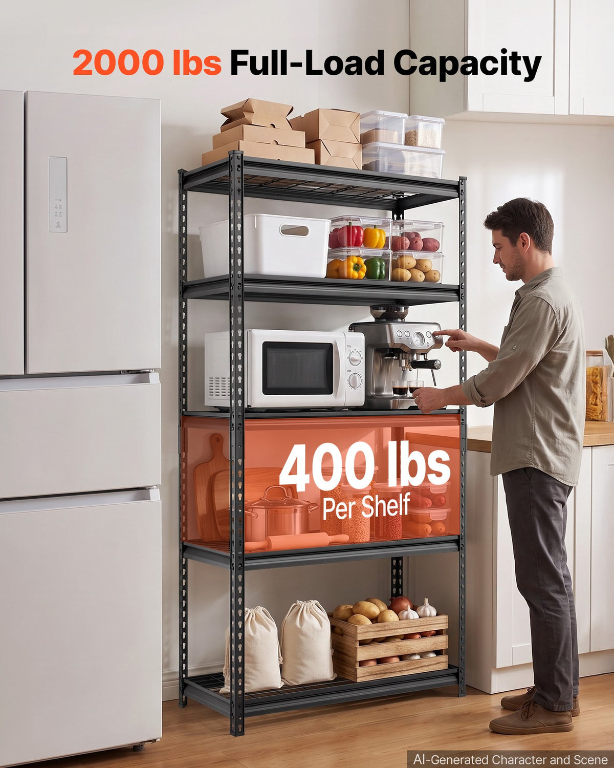 Storage Shelves, 5-Tier 907.2 kg Garage Shelving 92.3 x 41.5 x 181 cm, for Garage, Basement, Warehouse, Kitchen, Heavy-Duty Metal Stable Construction, Adjustable Wire Racks, with Gloves, Black
