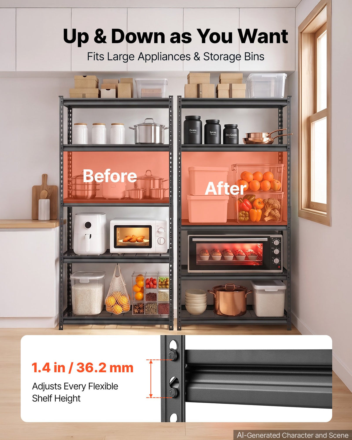 Storage Shelves, 5-Tier 907.2 kg Garage Shelving 92.3 x 41.5 x 181 cm, for Garage, Basement, Warehouse, Kitchen, Heavy-Duty Metal Stable Construction, Adjustable Wire Racks, with Gloves, Black