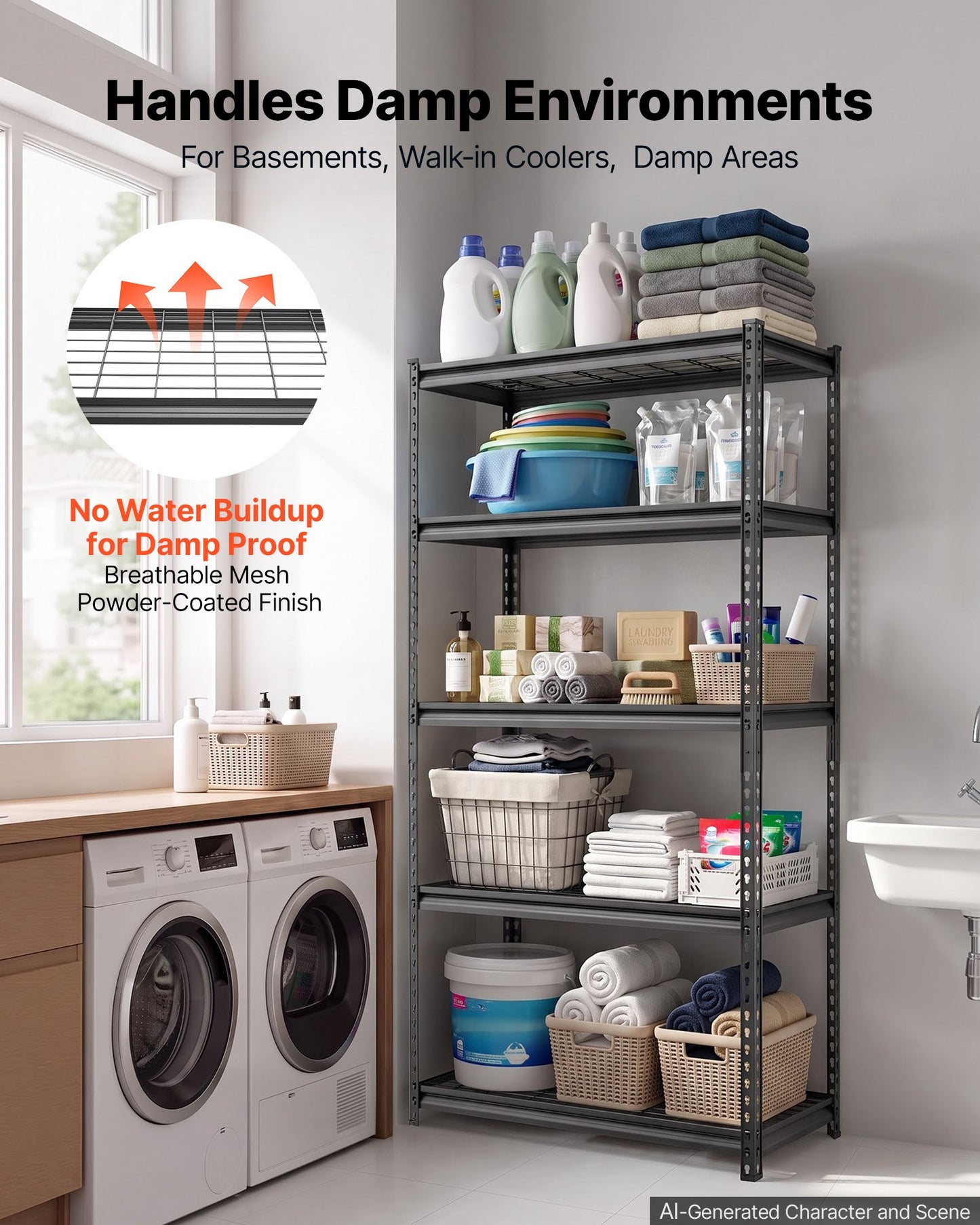 Storage Shelves, 5-Tier 907.2 kg Garage Shelving 92.3 x 41.5 x 181 cm, for Garage, Basement, Warehouse, Kitchen, Heavy-Duty Metal Stable Construction, Adjustable Wire Racks, with Gloves, Black
