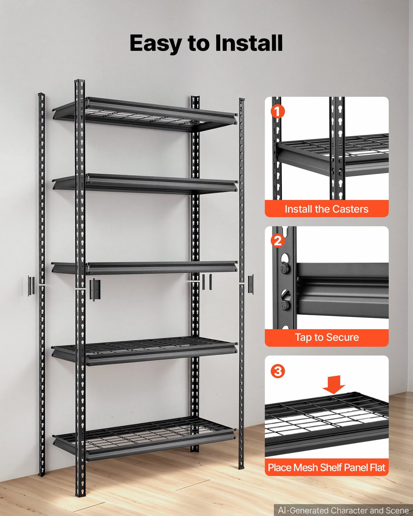 Storage Shelves, 5-Tier 907.2 kg Garage Shelving 92.3 x 41.5 x 181 cm, for Garage, Basement, Warehouse, Kitchen, Heavy-Duty Metal Stable Construction, Adjustable Wire Racks, with Gloves, Black