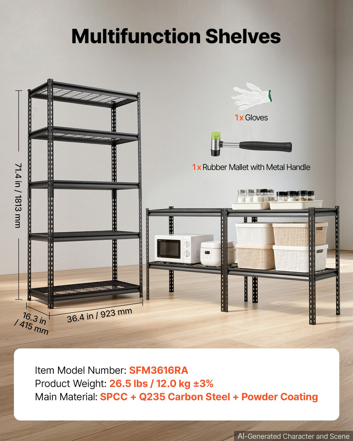 Storage Shelves, 5-Tier 907.2 kg Garage Shelving 92.3 x 41.5 x 181 cm, for Garage, Basement, Warehouse, Kitchen, Heavy-Duty Metal Stable Construction, Adjustable Wire Racks, with Gloves, Black